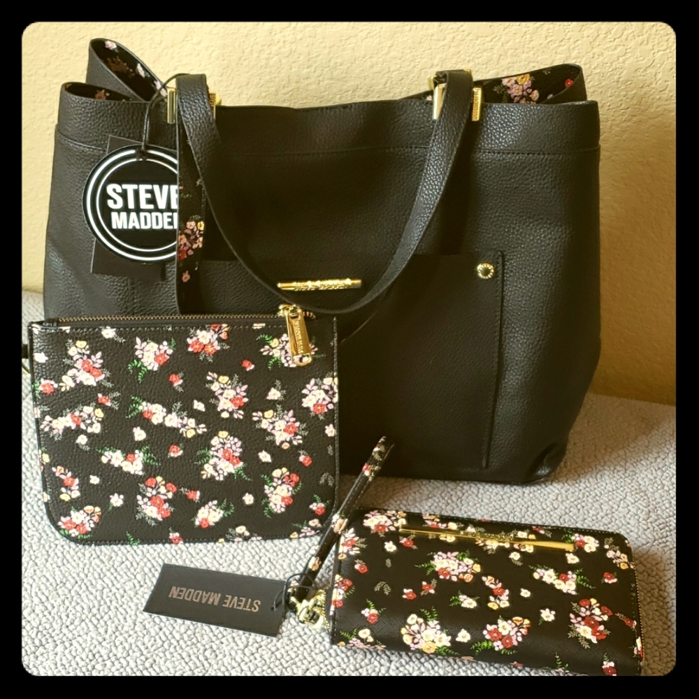 Steve Madden Black Floral Purse,Pouch, and Wallet